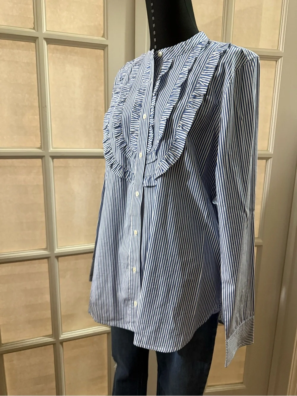 J. Crew Blue and White Striped Ruffle Bib Button-Up Tunic